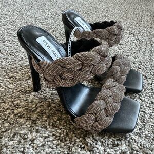 Steve Madden Kenley Silver Rhinestone Sparkle Braided 4 Inch Mule Stiletto Heels